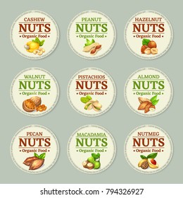 Set of nuts labels. Vector illustration with round frame template. Realistic kernels emblems are good for advertising kernels products.