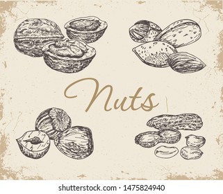 Set nuts on a vintage background. Walnut, peanut, almonds and hazelnut. Collection of healthy natural food.