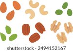 Set of nuts and seeds. Hand drawn vector illustration.  Almond, cashew, pecan, walnut, pistachio, pumpkin seed.