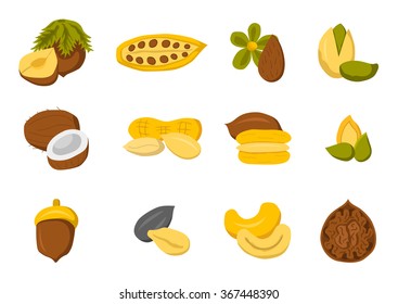Set of nuts and seeds icons in cute cartoon style