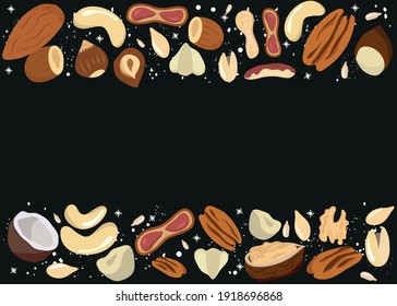 Conjunto de nueces y semillas sobre un fondo negro. Cañones, nueces de Brasil, almendras, avellanas, pistachos, nueces, nueces, nueces, maní, coco, semillas de calabaza. Comer sano. Aperitivos. Colocar para una inscripción.
