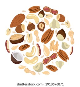 Set of nuts and seeds on a black background. Pecans, Brazil nuts, almonds, hazelnuts, pistachios, walnuts, cashews, peanuts, coconut, pumpkin seeds. Healthy eating. Snack.