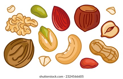 Un conjunto de nueces y semillas sobre un fondo blanco. Nueces almendras, avellanas, pistachos, nueces, nueces, nueces, maní. Comer sano. Aperitivos.