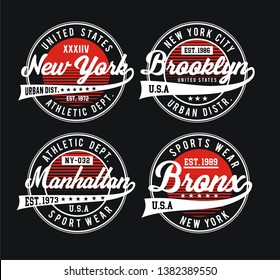 Set NYC Typography design USA style for t-shirt print. vector image 