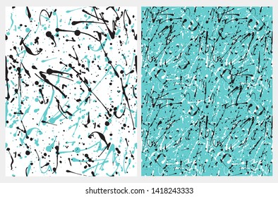 Set o 2 Abstract Geometric Vector Patterns. Irregular Handmade Black, White, Blue Splashes on a Blue and White Backgrounds. Simple Creative Repeatable Design.Infantile Style Expressive Painting.