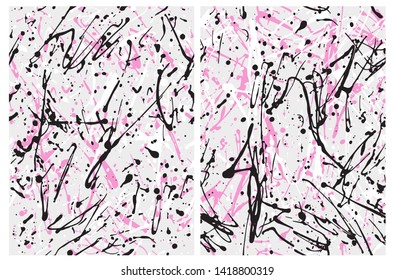 Set o 2 Abstract Geometric Vector Patterns. Irregular Handmade Black, White, Pink Splashes on a Light Gray Backgrounds. Simple Creative Repeatable Design.Infantile Style Expressive Painting.