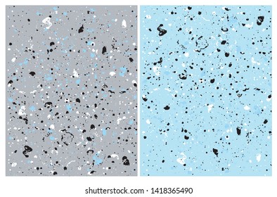 Set o 2 Abstract  Grunge Vector Patterns.Irregular Handmade Black, White, Blue Splashed Dots on a Gray and Blue Backgrounds. Simple Creative Repeatable Design.Infantile Style Expressive Painting.