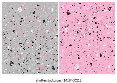 Set o 2 Abstract  Grunge Vector Patterns.Irregular Handmade Black, White, Pink Splashed Dots on a Gray and Pink Backgrounds. Simple Creative Repeatable Design.Infantile Style Expressive Painting.