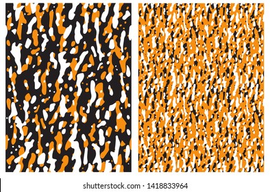 Set o 2 Abstract Grunge Vector Patterns.Irregular Handmade Black, White Stains on a Orange and Black Background. Simple Creative Repeatable Design. Infantile Style Expressive Painting.
