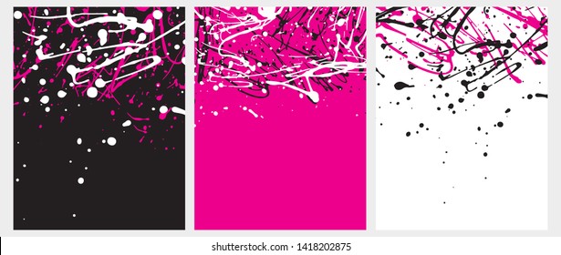Set O 3 Abstract Geometric Layouts. Irregular Handmade Black, White, Pink Splashes On A Pink, White And Black Backgrounds. Funny Simple Creative Design. Infantile Style Expressive Painting.