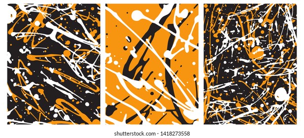 Set o 3 Abstract Geometric Layouts. Irregular Handmade Black, White, Orange Splashes on a Orange and Black Backgrounds. Funny Simple Creative Design. Infantile Style Expressive Painting.