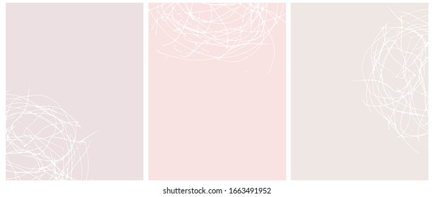 Set o 3 Abstract Geometric Layouts. White Irregular Hand Drawn Scribbles on Beige, Blush Pink and Light Pink Backgrounds. Funny Simple Creative Design. Infantile Style Geometric Design.