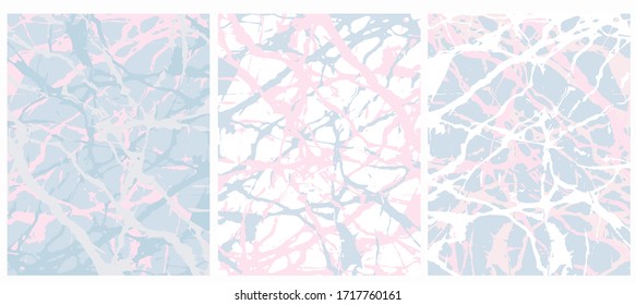 Set o 3 Abstract Geometric Layouts. Irregular Pink and Blue Hand Drawn Scribbles on Blue and White Backgrounds. Funny Simple Creative Design. Splash Effect Backgrounds. No Text.