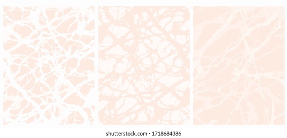 Set o 3 Abstract Geometric Layouts. Irregular Hand Drawn Scribbles on a Light Salmon Pink and White Backgrounds. Funny Simple Creative Design. Splash Effect Backgrounds. No Text.
