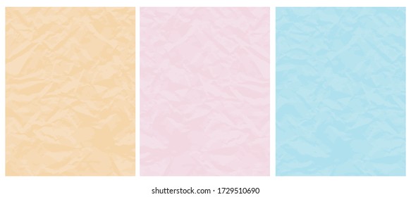 Set o 3 Abstract Geometric Vector Layouts. Pastel Color Crumpled Paper Layers. Light Pink, Yellow and Light Beige Backgrounds. Simple Creative Creased Paper Design. No Text.  Irregular Folded Paper.