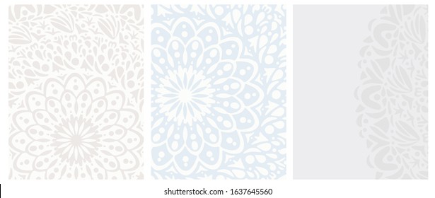 Set o 3 Abstract Oriental Vector Layouts with Rossete Print. Hand Drawn Mandala Isolated on a Beige, Blue and Light Gray Backgrounds. Simple Creative Prints with no Text, ideal for Cover, Layout,Card.