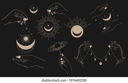 Set o boho mystic astrology elements . Magical space objects planets, stars with female hands. Magic logos of hands, moon and sun. Mystic symbols for your design.