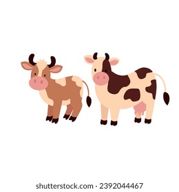 Set o Cows.  Hand drawn colored trendy Vector illustrations. Funny characters. Cartoon style. Isolated on white background