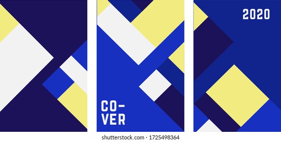Set o flat geometric cover vector template design. Simple shapes with blue, yellow colors