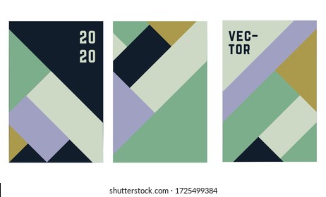 Set o flat geometric cover vector template design. Simple shapes with green, blue colors