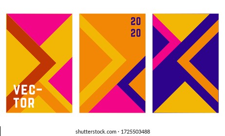 Set o flat geometric cover vector template design. Simple shapes with orange, yellow, pink, purple colors