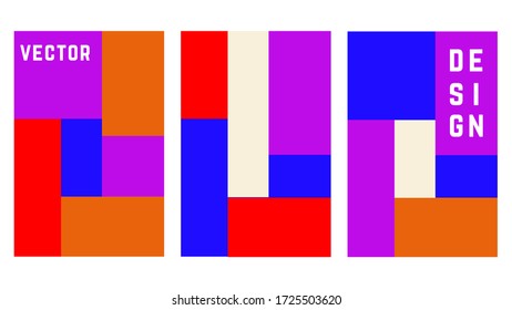 Set o flat geometric cover vector template design. Simple shapes with purple, blue, red colors