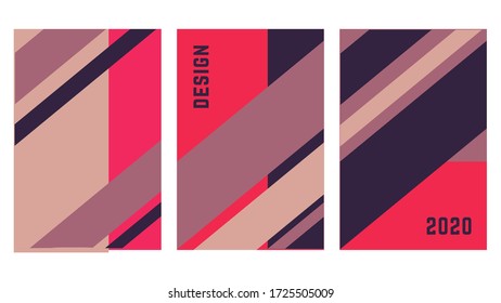 Set o flat geometric cover vector template design. Simple shapes with purple, pink colors