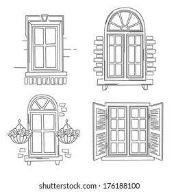 Set o retro windows isolated on white background. Hand drawing illustration