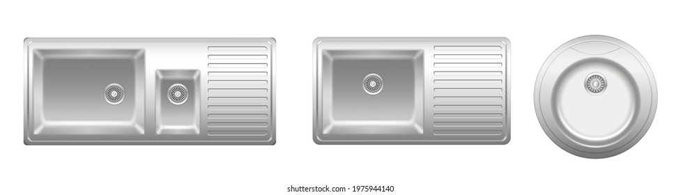 Set o stainless metal kitchen sinks for restaurant and home household. Metal basins for dish washing isolated on white background. Realistic 3d vector illustration