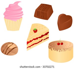 Set o tasty sweet food : cupcake, different chocolate candy, cake with cherry and piece of cake with raspberry. Vector illustration.