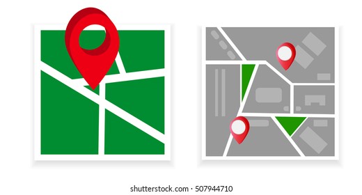 Set o vector maps icon with Pin Pointer. Map location. Flat style