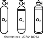 Set of O2 Gas trendy linear cylinder icons. LPG propane bottle icons container with editable stock. Oxygen gas cylinder canister fuel storage collection isolated on transparent background.