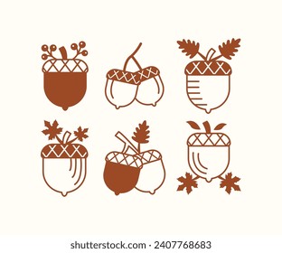 set of oak acorns branch simple flat design vector icon element autumn fall style illustration collections isolated