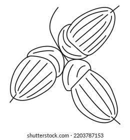 A set of oak branches with leaves and acorns, black outline strokes on a white background. Vector. Hand-drawn illustration.