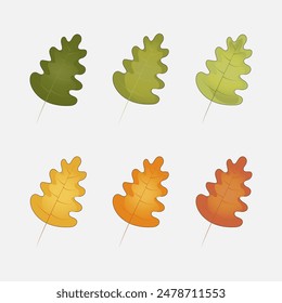 Set of oak leaves in green, yellow, orange, golden, red warm colors, autumn illustration