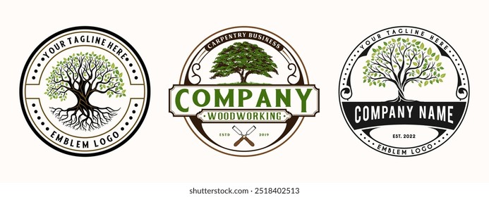 set Oak Tree Leaf Root Family Tree Oak Banyan Maple Stamp Emblem Label vintage style logo design vetor