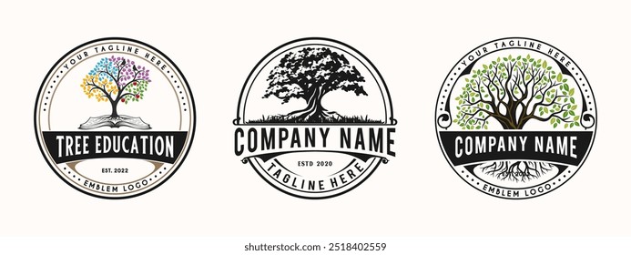 set Oak Tree Leaf Root Family Tree Oak Banyan Maple Stamp Emblem Label vintage style logo design vector