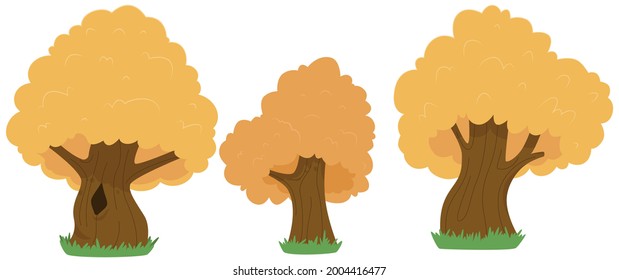 Set of oak trees in cartoon style isolated on white background vector illustrstion.