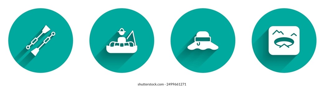 Set Oars or paddles boat, Fisherman in, hat and Winter fishing icon with long shadow. Vector