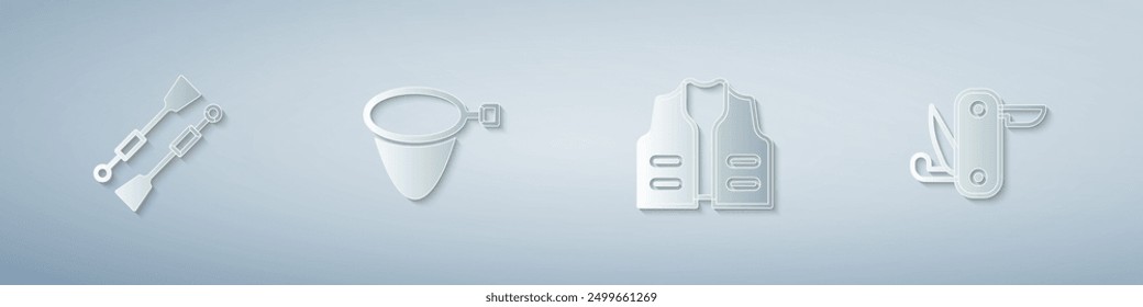 Set Oars or paddles boat, Fishing net, jacket and Swiss army knife. Paper art style. Vector