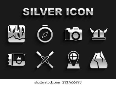 Set Oars or paddles boat, Viking in horned helmet, Mountains, Location flag Iceland, Ticket, Photo camera, Northern lights and Compass icon. Vector