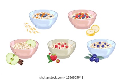 Set of Oat milk porridge in bowl isolated on white background. Oatmeal with apple, cinnamon, banana, blueberry, strawberry,raisins. Vector illustration of cereal breakfast in cartoon flat style.