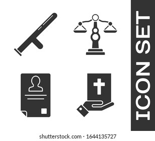 Set Oath on the Holy Bible, Police rubber baton, Identification badge and Scales of justice icon. Vector