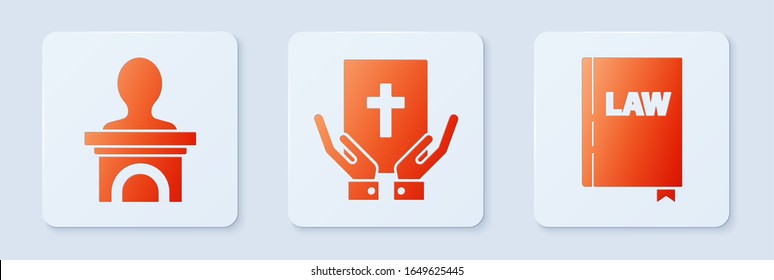 Set Oath on the Holy Bible, Stage stand or debate podium rostrum and Law book. White square button. Vector