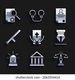 Set Oath on the Holy Bible, Courthouse building, Scales of justice, Fountain pen nib, Flasher siren, Police rubber baton, Identification badge and Document with search icon. Vector