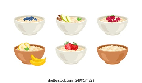 Set of oatmeal bowls with various ingredients. Vector cartoon flat illustration of healthy breakfast.