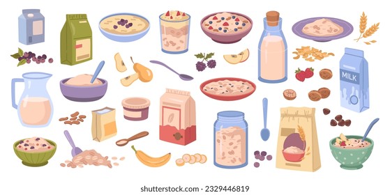 Se sirve un desayuno de avena, granola y avena, banana y cuchara con alimento. Tiras de avena en caja, bol con nueces y bayas en leche en frasco. Alimentos saludables, ilustración vectorial de la caricatura de granos