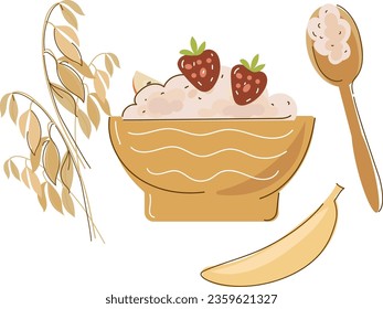 Set Oatmeal Breakfast ,oat bowls. Cartoon doodle porridge with strawberries and bananas, boiled cereals and healthy food. Vector illustration.