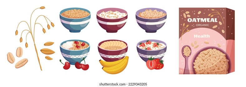 Set Oatmeal Breakfast, Porridge, Oat Flakes In Box, Bowl With Fruit and Berries in Milk, Jar Of Granola. Healthy Food, Grains, Ripe Plant, Seeds, Nourishment Concept. Cartoon Vector Illustration .