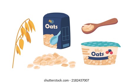 Set Oatmeal Breakfast, Yoghurt with Granola in Plastic Jar, Spoon with Porridge, Ripe Plant Stem with Grains, Muesli or Oat Flakes in Package, Pile of Dry Flakes . Cartoon Vector Illustration